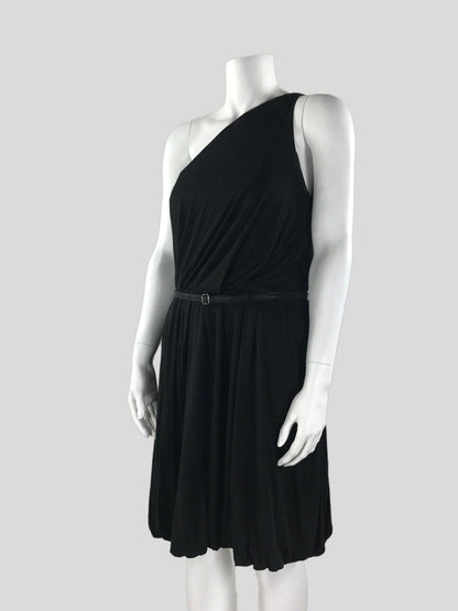 A.L.C. Black One Shoulder Belted Bubble Hem Dress Size Medium LuxAnthropy A.L.C. Black One Shoulder Belted Bubble Hem Dress Size Medium LuxAnthropy