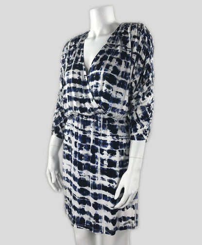Parker Catalina Dress In A Blue Black And White Abstract Print With Cinched Waist Batwing Sleeves And Wrap V-Neck Front Design With Snap Closure Size X-Small