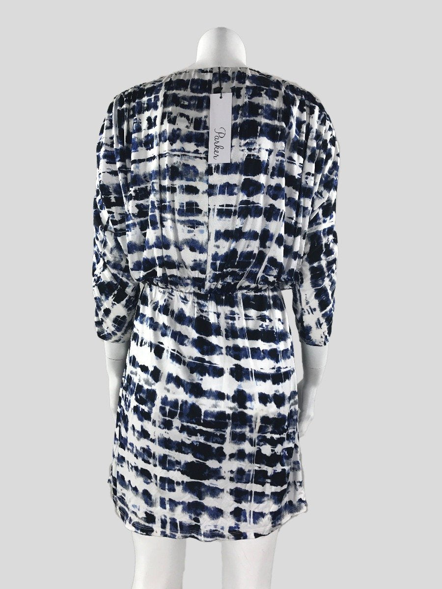Parker Catalina Dress In A Blue Black And White Abstract Print With Cinched Waist Batwing Sleeves And Wrap V-Neck Front Design With Snap Closure Size X-Small