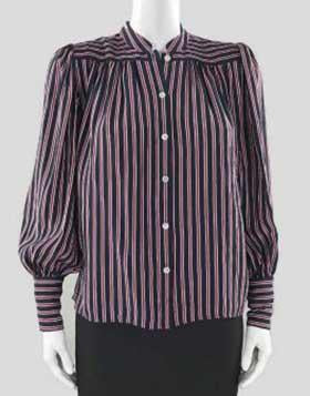Frame Long Sleeved Navy White Red Striped Button Down Blouse With Stand Collar And Balloon Sleeves X-Small