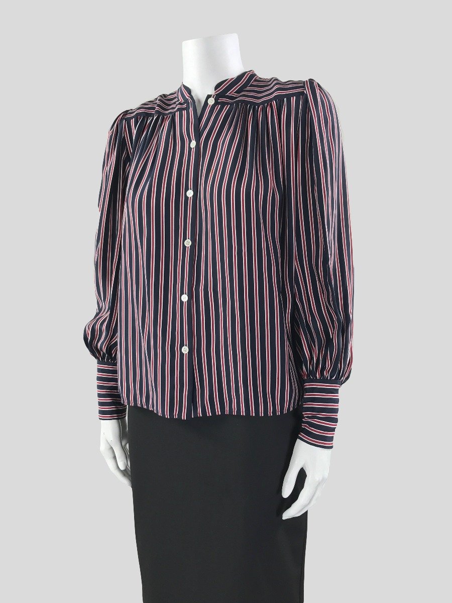 Frame Long Sleeved Navy White Red Striped Button Down Blouse With Stand Collar And Balloon Sleeves X-Small