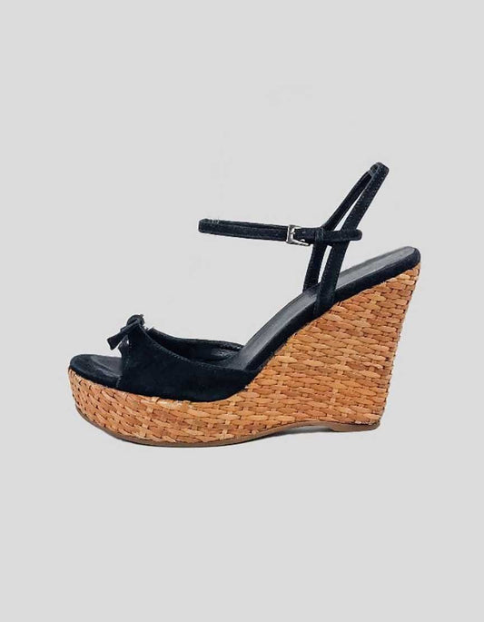 Prada Black Suede Wedge Espadrille Sandal With Ankle Strap And Bow Design At Toe Size It 37