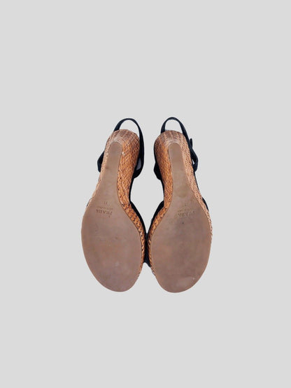 Prada Black Suede Wedge Espadrille Sandal With Ankle Strap And Bow Design At Toe Size It 37
