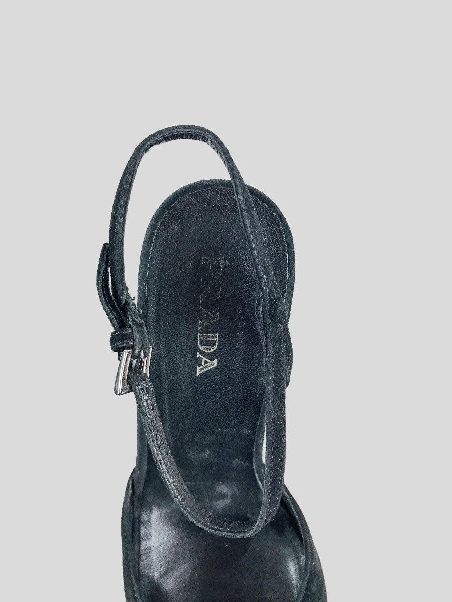 Prada Black Suede Wedge Espadrille Sandal With Ankle Strap And Bow Design At Toe Size It 37