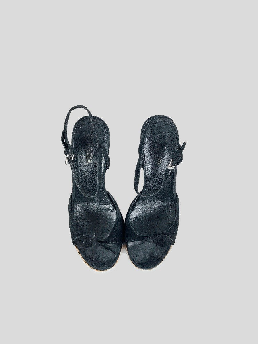 Prada Black Suede Wedge Espadrille Sandal With Ankle Strap And Bow Design At Toe Size It 37