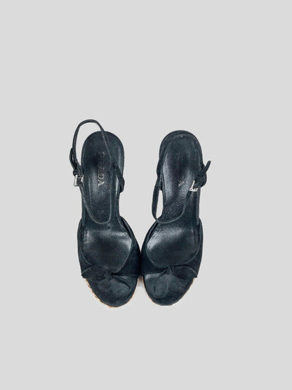 Prada Black Suede Wedge Espadrille Sandal With Ankle Strap And Bow Design At Toe Size It 37