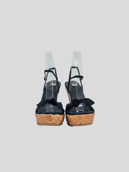 Prada Black Suede Wedge Espadrille Sandal With Ankle Strap And Bow Design At Toe Size It 37