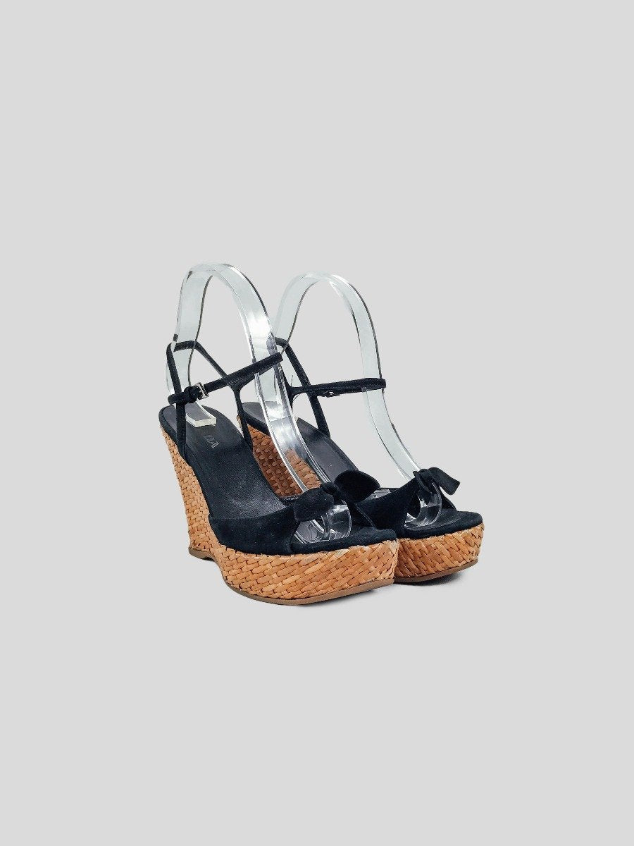 Prada Black Suede Wedge Espadrille Sandal With Ankle Strap And Bow Design At Toe Size It 37