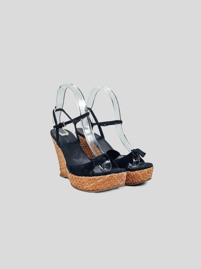 Prada Black Suede Wedge Espadrille Sandal With Ankle Strap And Bow Design At Toe Size It 37