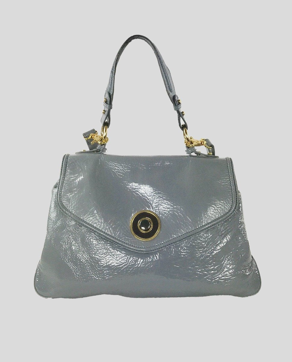 Badgley Mischka Grey Patent Leather Top Handle Envelope Bag With Detachable Strap