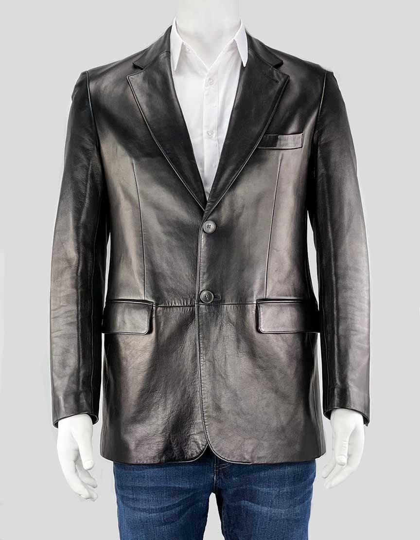 Gucci Men's Black Leather Blazer With Notched Lapels Size US 40 It 50