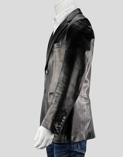 Gucci Men's Black Leather Blazer With Notched Lapels Size US 40 It 50