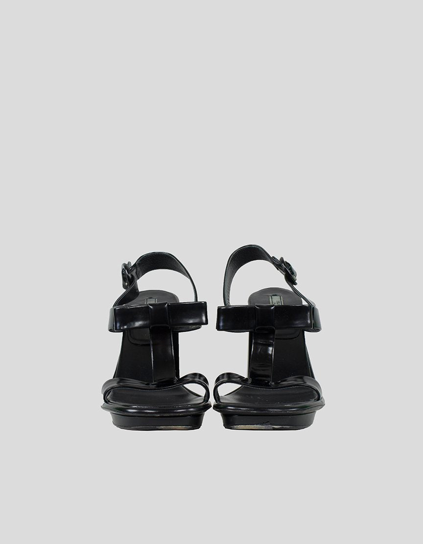 Prada Black Leather Open Toe Strap Bow Detail Sandals With Chunky Heels It 39