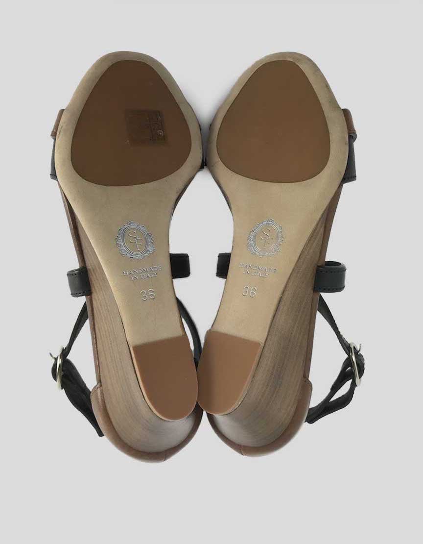 Sarah Flint Stanwyck Brown And Black Leather Wedge Sandals 36 IT