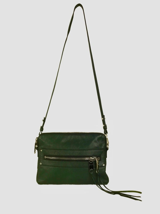 Milly Riley Large Crossbody Bag In Green Pebble Leather With Top And Front Zipper With Tassels In Silver Tone Hardware