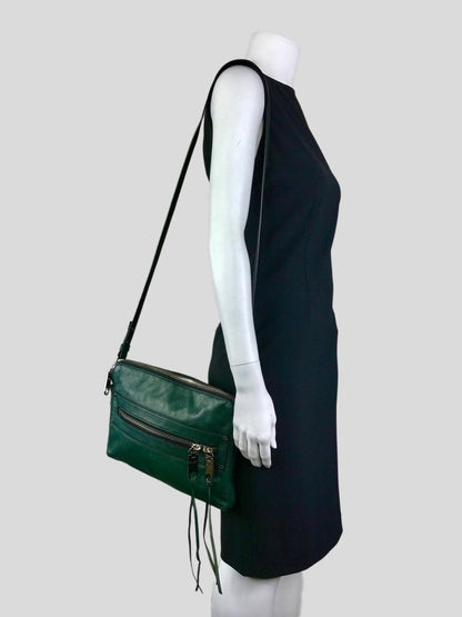 Milly Riley Large Crossbody Bag In Green Pebble Leather With Top And Front Zipper With Tassels In Silver Tone Hardware