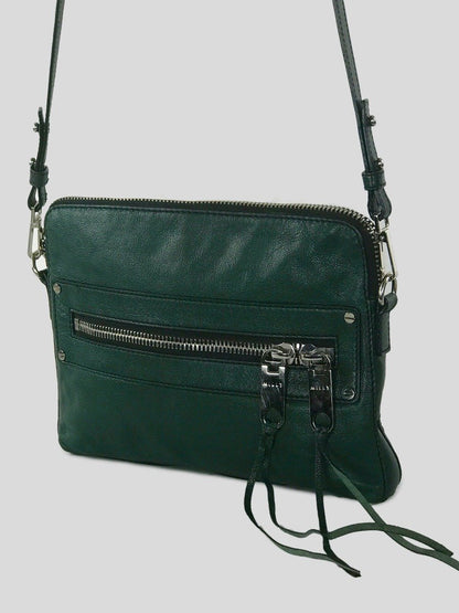 Milly Riley Large Crossbody Bag In Green Pebble Leather With Top And Front Zipper With Tassels In Silver Tone Hardware