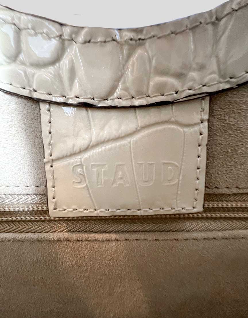 STAUD Top Handle Bag in cream croc embossed leather
