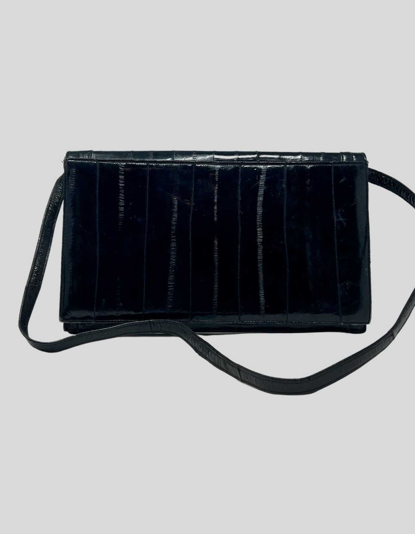 Vintage black genuine eel skin leather shoulder bag and clutch
