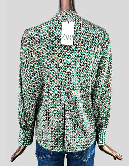 Zara Green Patterned Blouse with Tie - Medium