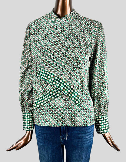 Zara Green Patterned Blouse with Tie - Medium