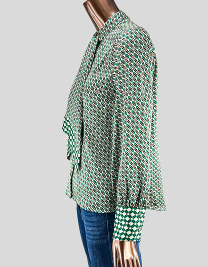 Zara Green Patterned Blouse with Tie - Small