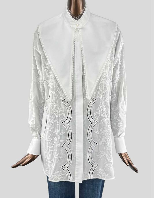 TORY BURCH Embroidered Poplin Top with Removable Collar - 6 US