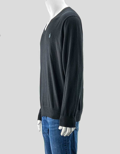POLO RALPH LAUREN black merino wool v-neck sweater - X-Large