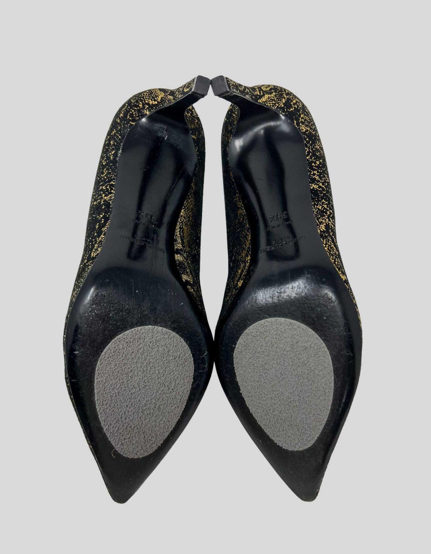 SAINT LAURENT PARIS Metallic Gold And Textured Black Suede Pointed Toe Pumps - 39.5 IT | 9.5 US