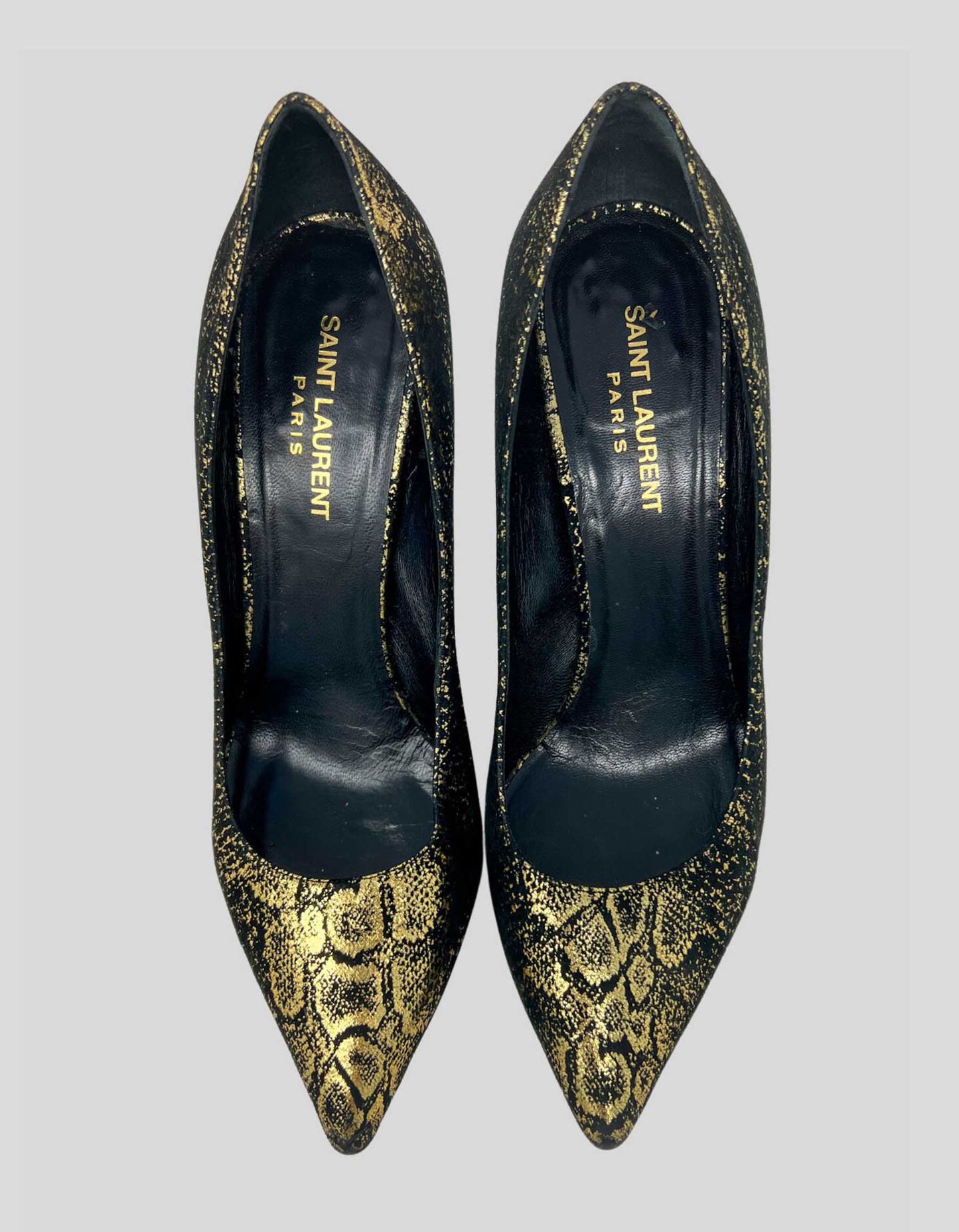 SAINT LAURENT PARIS Metallic Gold And Textured Black Suede Pointed Toe Pumps - 39.5 IT | 9.5 US