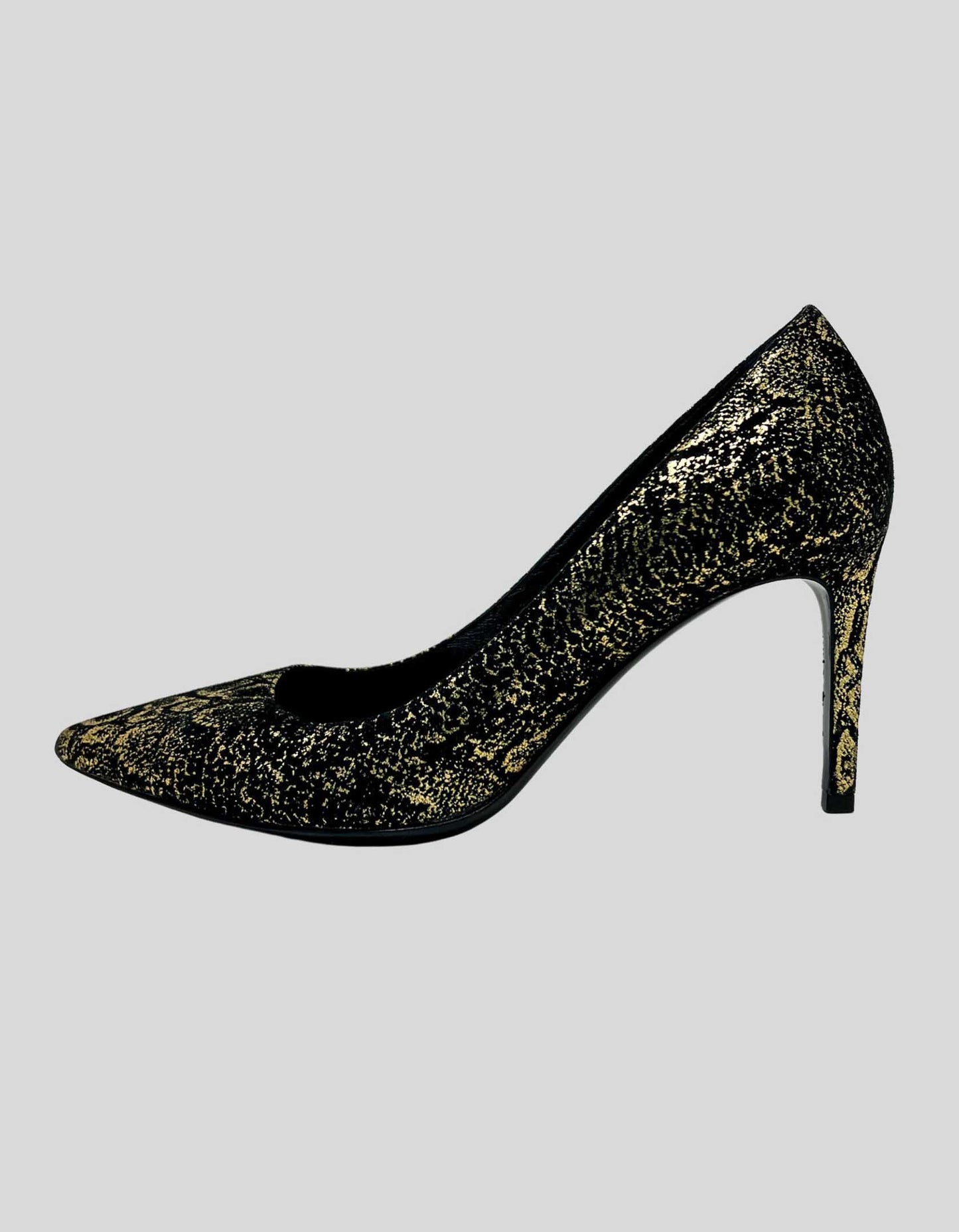 SAINT LAURENT PARIS Metallic Gold And Textured Black Suede Pointed Toe Pumps - 39.5 IT | 9.5 US