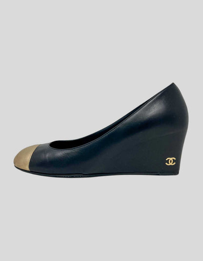 Chanel Black Wedge With Gold Tone Capped Toe With Chanel Emblem - 39 IT | 9 US