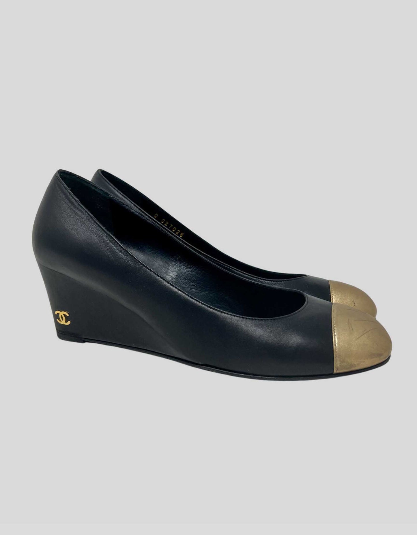Chanel Black Wedge With Gold Tone Capped Toe With Chanel Emblem - 39 IT | 9 US