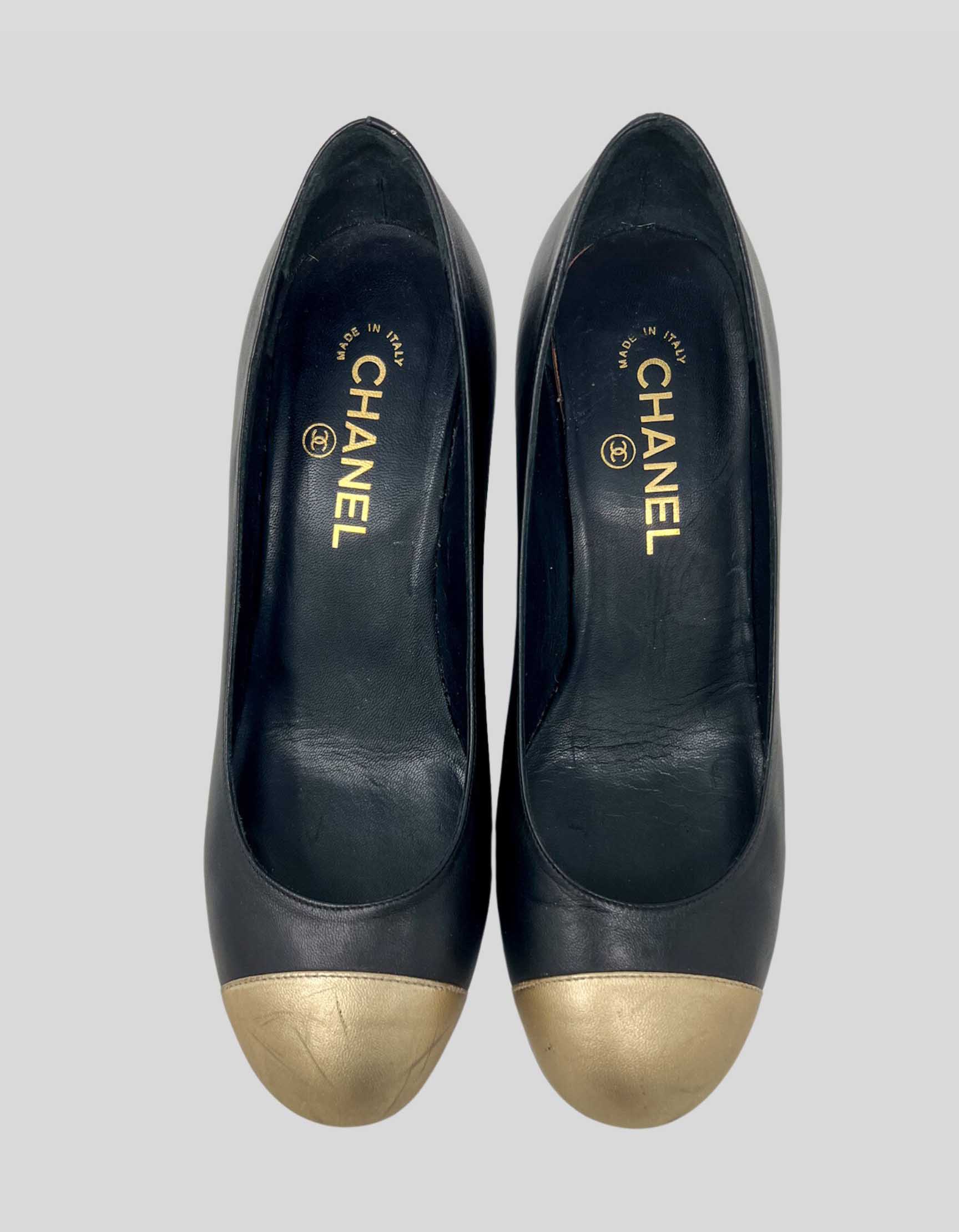 Chanel Black Wedge With Gold Tone Capped Toe With Chanel