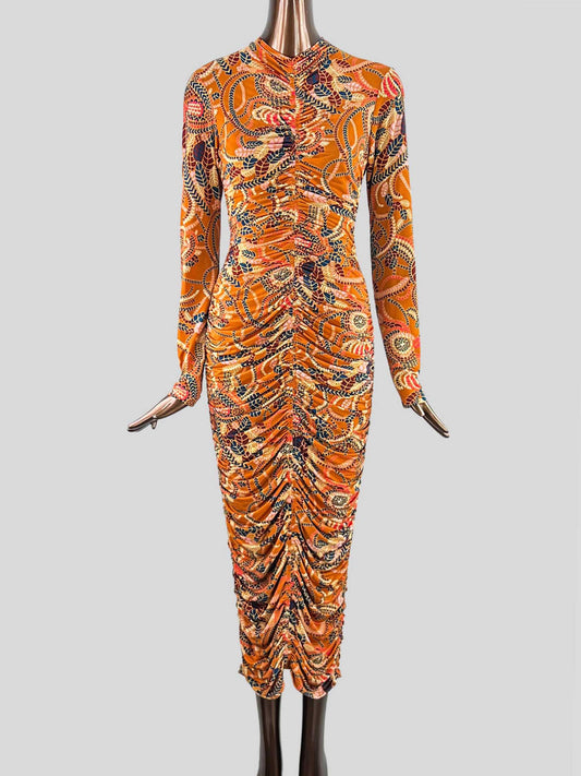 A.L.C. Printed Midi Length Dress. Sheath dress features orange print throughout, long sleeves with turtleneck.