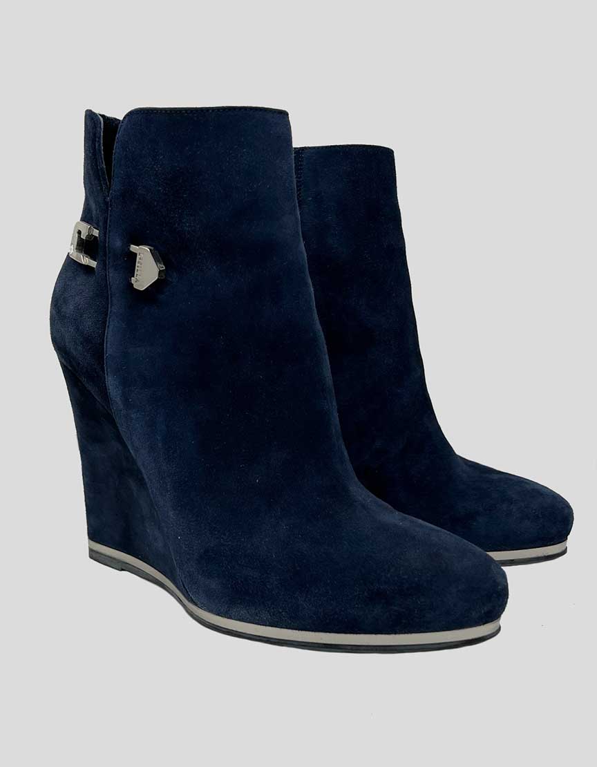 Le Silla Blue Suede Wedge Ankle Boots - 37.5 FR | 7 US