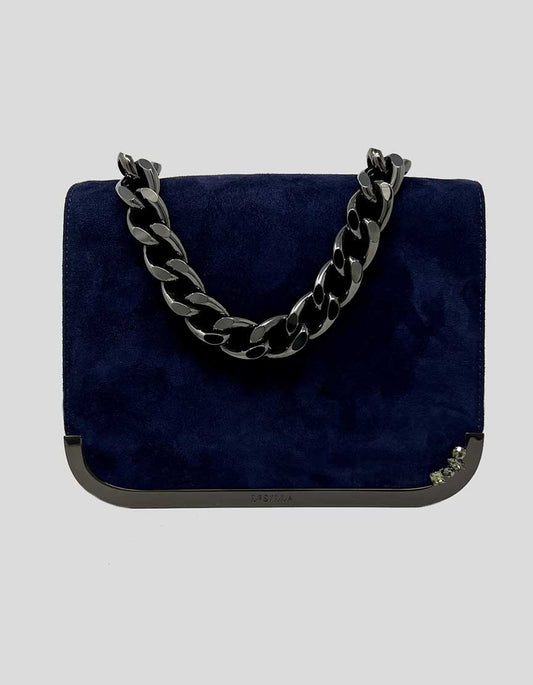 Le Silla blue suede front flap bag with short chunky gunmetal handle
