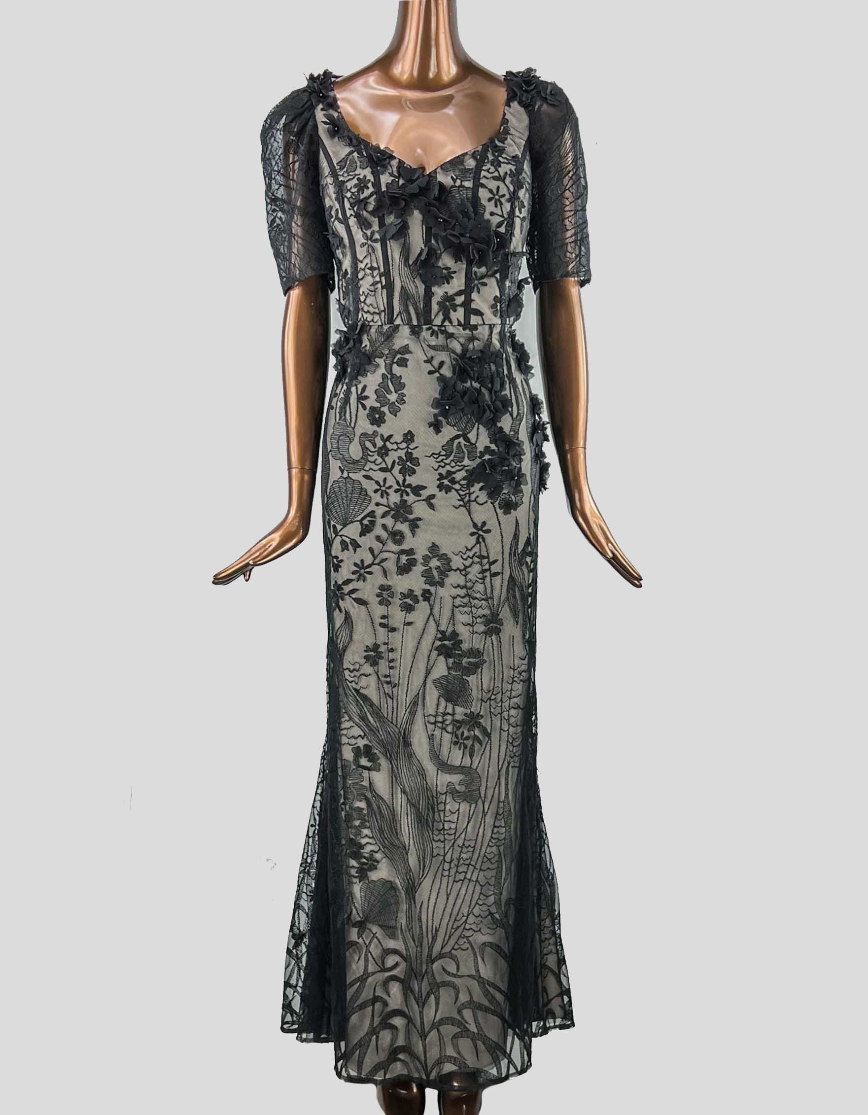 TERI JON BY RICKIE FREEMAN floral lace evening gown in black with nude tone underlay.