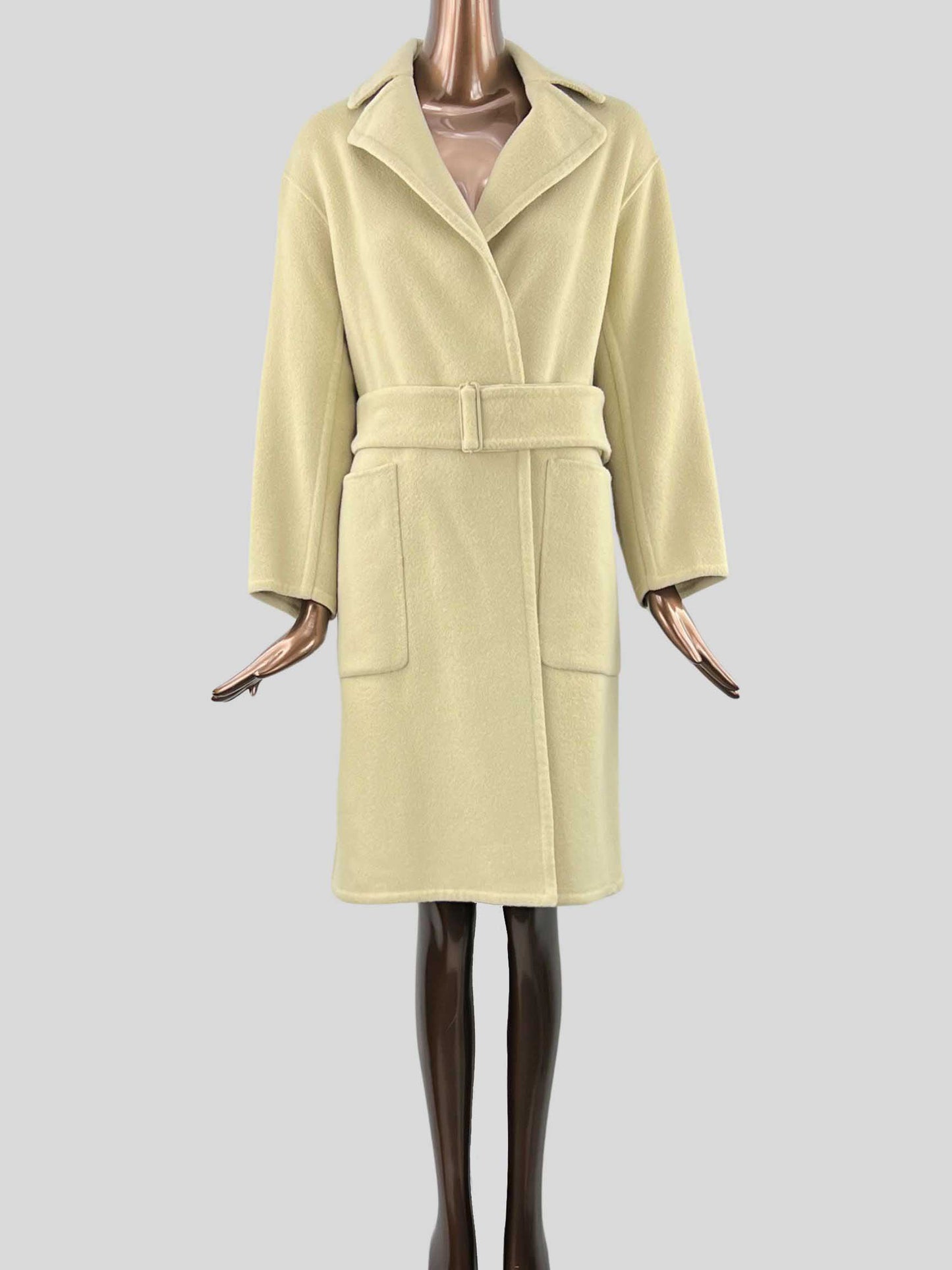 VINCE single-button front belted coat with lapel collar