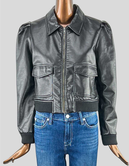 Bb DAKOTA by STEVE MADDEN faux leather bomber jacket with pleated puff shoulders. Size: Medium
