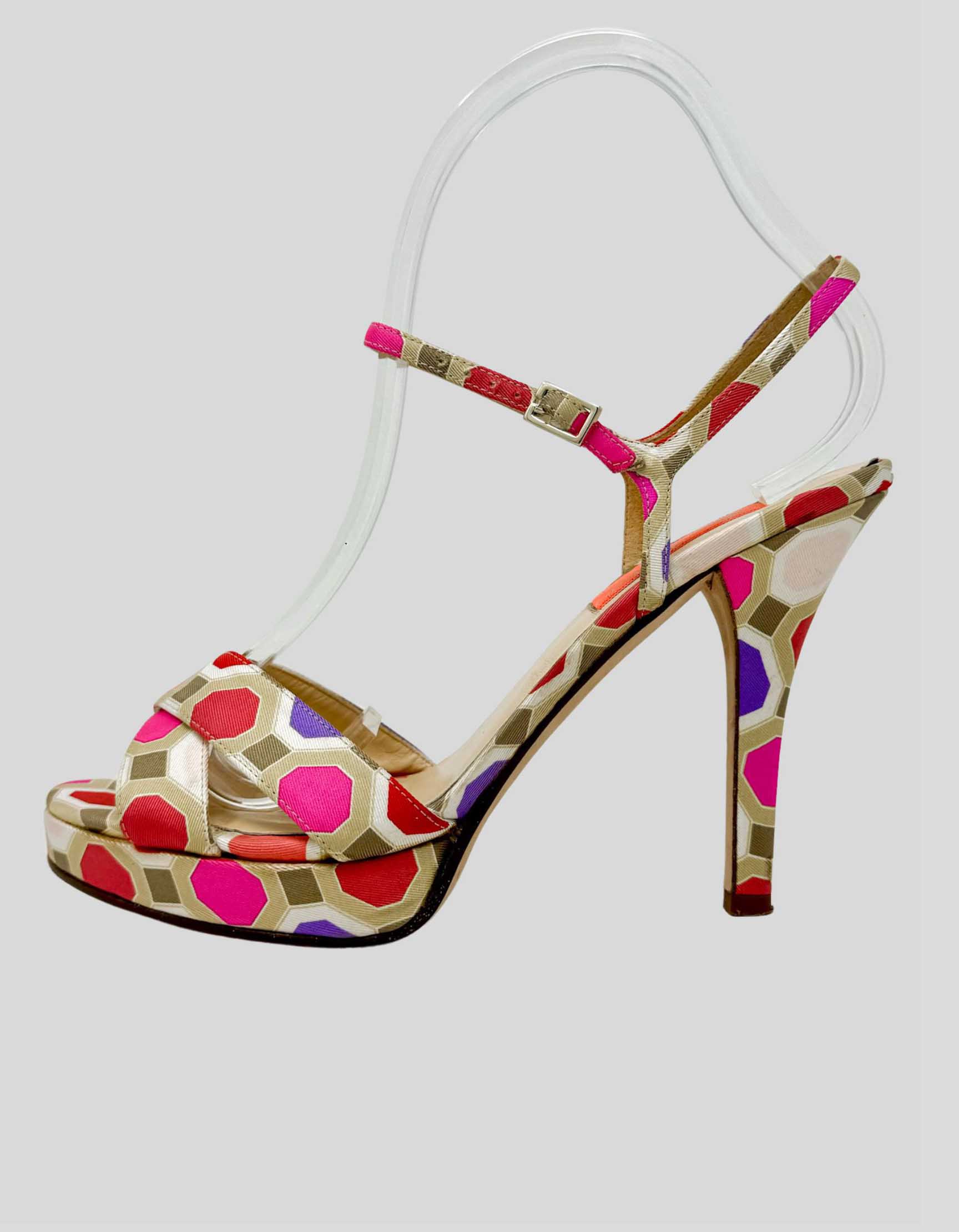 Canvas printed sandals with leather trim, featuring an open toe and high heel design with a platform and a Mary Jane strap.