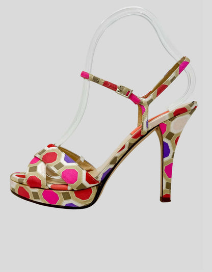 Canvas printed sandals with leather trim, featuring an open toe and high heel design with a platform and a Mary Jane strap.