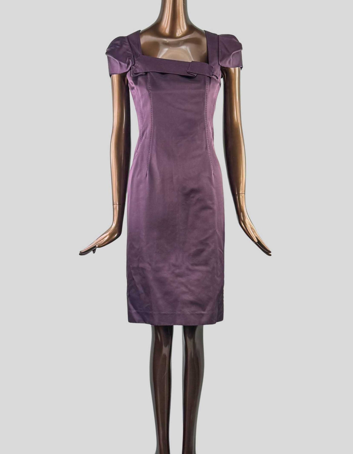 6267 Knee Length sheath Cocktail Dress in dark purple. Cap Sleeves. Square neck with asymmetrical design at bust.