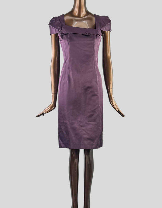 6267 Knee Length sheath Cocktail Dress in dark purple. Cap Sleeves. Square neck with asymmetrical design at bust.