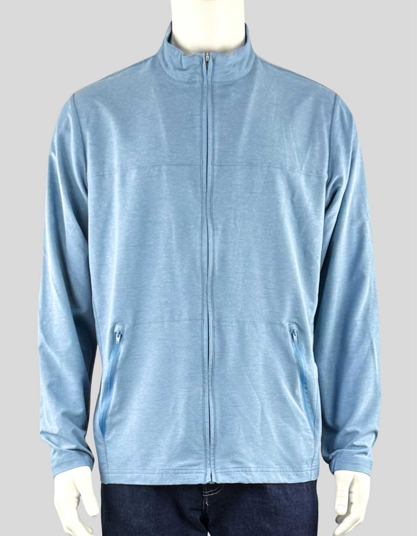 TRAVISMATHEW full zip jacket with zippered side pockets in slate blue. Stretch throughout. 