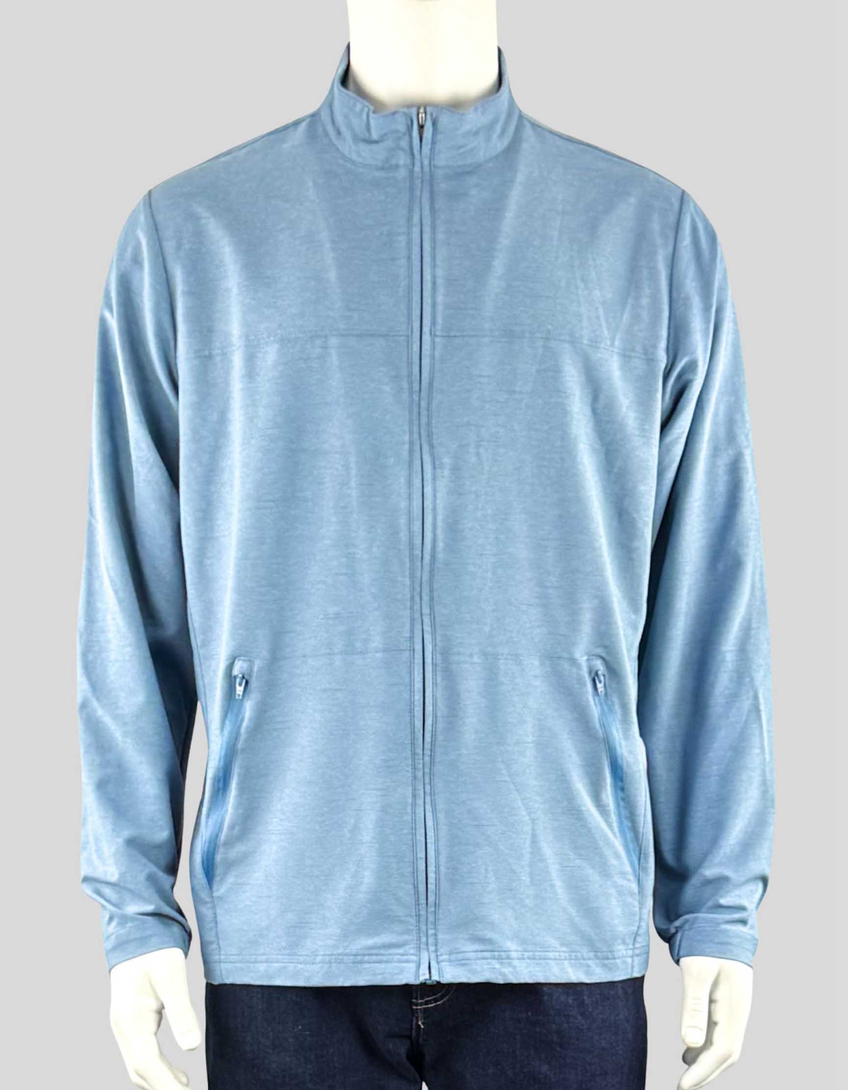 TRAVISMATHEW full zip jacket with zippered side pockets in slate blue. Stretch throughout. 