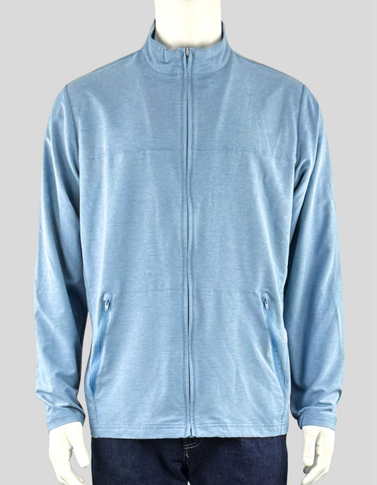 TRAVISMATHEW full zip jacket with zippered side pockets in slate blue. Stretch throughout. 