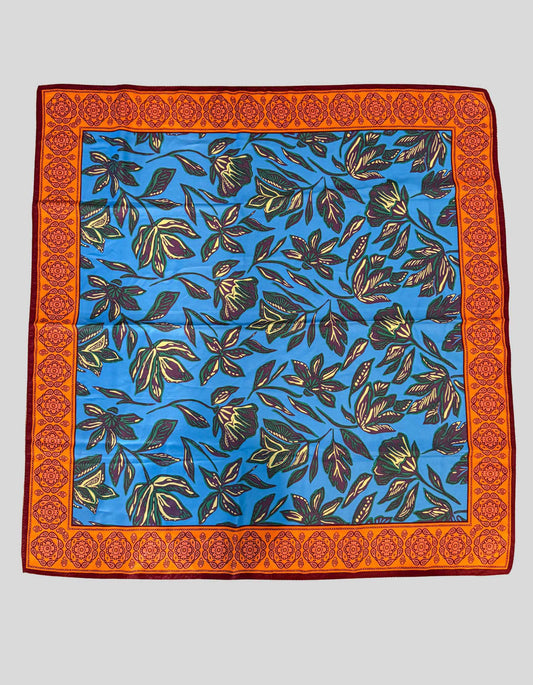 ZARA Blue, Orange, and Brown silk scarf/wrap. Floral print. Square shape.