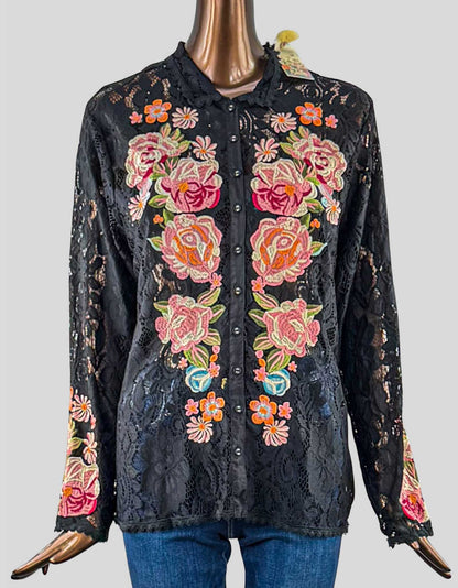 OHNNY WAS Veronne Lace Blouse. A combination of detailed lace and colorful floral bouquets. Designed for easy wearability, featuring a fabric-covered button-front closure