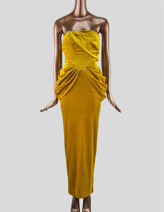 ASOS DESIGN Strapless Velvet Corset Dress. Gold velvet gown, back slit, peplum waist detail, back zip closure